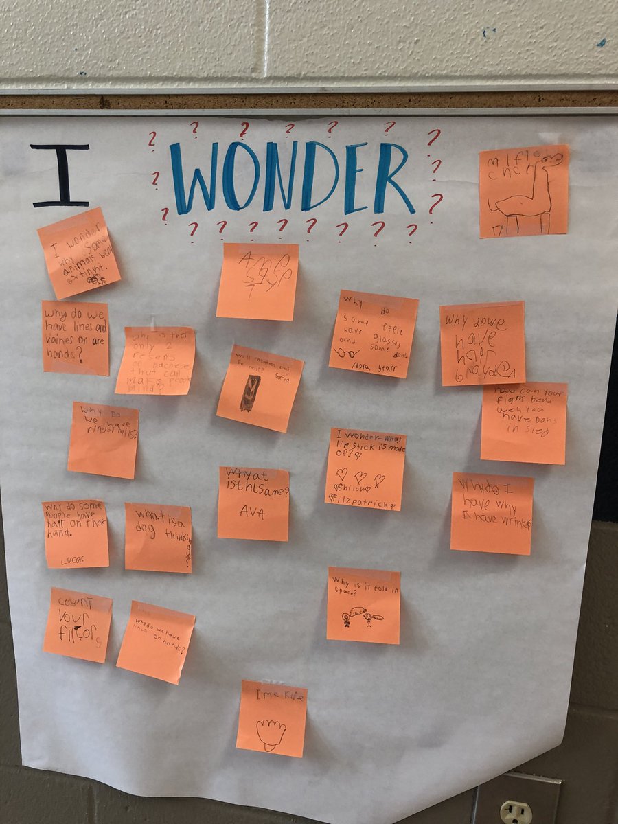 Thinking Like A Scientist this week! We used <a href="/MysterySci/">Mystery Science</a> to learn about observing and coming up with questions about everyday things. The students got to put what they wondered on the poster. Interesting to see what kids wonder about! #CCSD <a href="/KnoxESKnights/">Knox ES Knights</a>