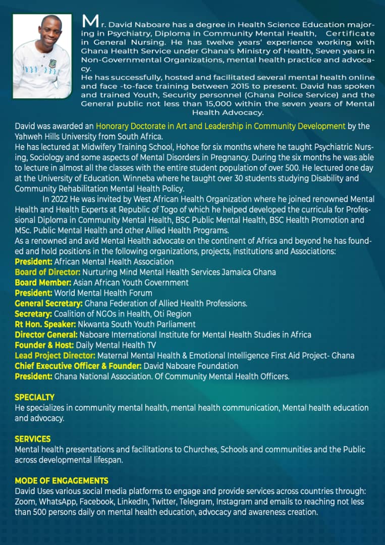 davidnaboare2's tweet photo. You can contact Mr. David Naboare  via WhatsApp on +233541098521 or Email me on davidnaboare2@gmail.com for Mental Health Counseling , Support,Talks &amp; Presentations,  Training and client support.            
I provide a wide range of Mental Health Services to all in Organizations https://t.co/DUFhXhtlVh