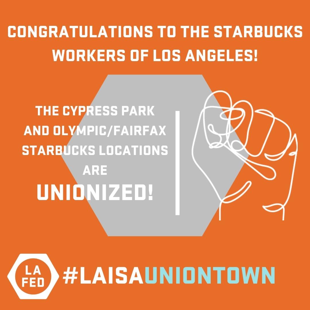 LALabor's tweet photo. CONGRATS to our #siblings at @SBWorkersUnited for their 2 #wins this week in #LA! 👏 👏 Despite company’s aggressive anti-union campaign, workers overwhelmingly won their #unionvotes! Check 'em out:
📍Cypress Park: 3241 N Figueroa St.
📍 Little Ethiopia: 6066 W Olympic Blvd. https://t.co/cxo4fLkldu