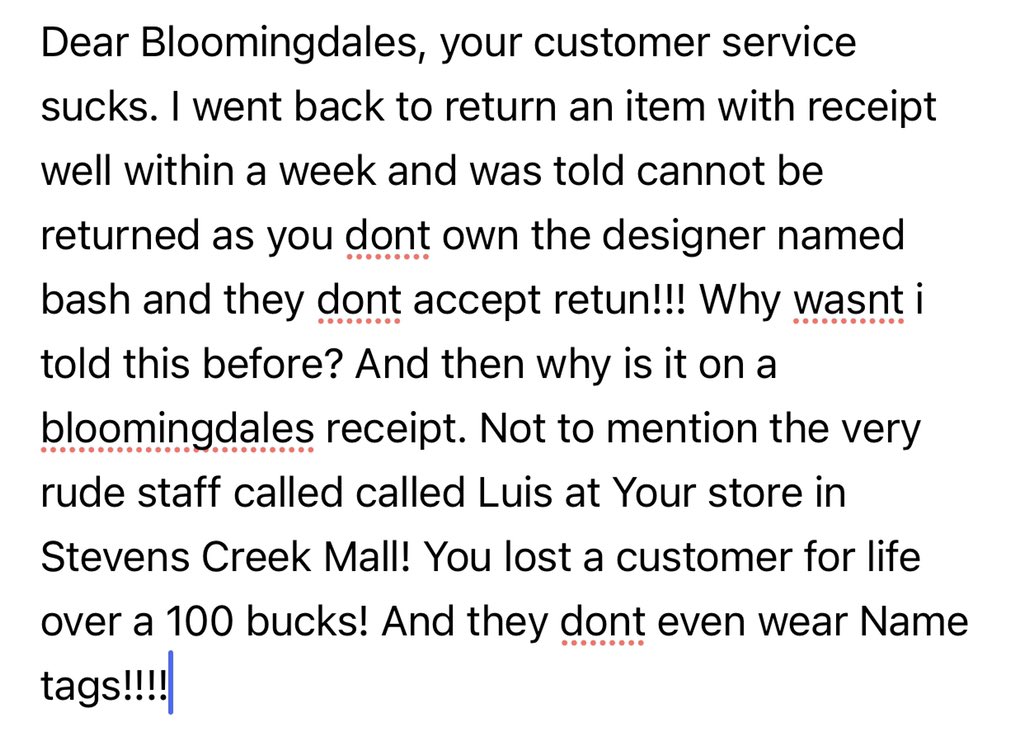 KarasmaticK13's tweet photo. @Bloomingdales #TonySpring shame on your customer service! Your employees dont even wear a Name Tag!  Dont even honor your own return policy!!!!!!! https://t.co/VmOfdevsAz