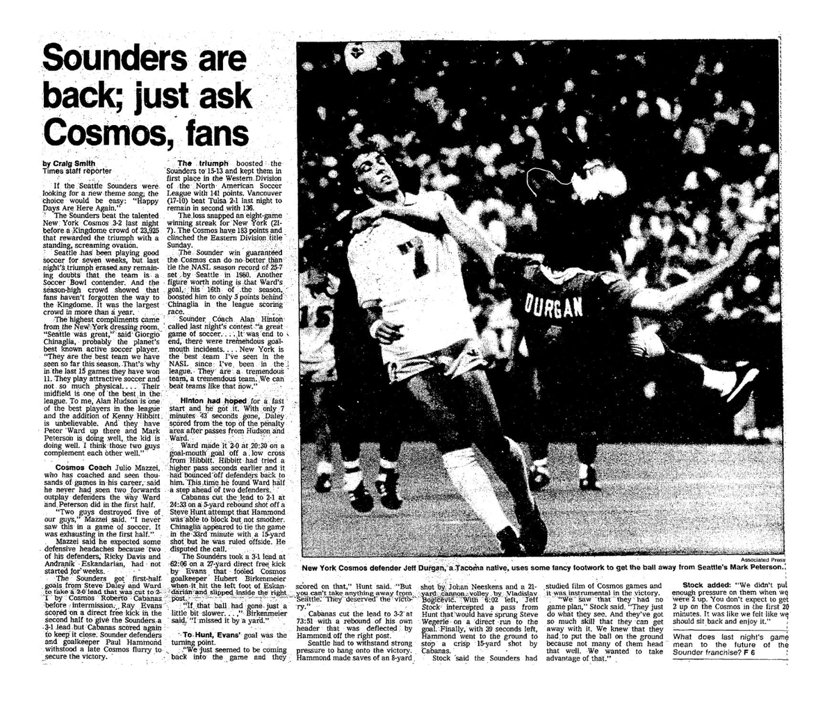 WA_Legends's tweet photo. Seattle snaps Cosmos' 8-game win streak, solidifying its status as a Soccer Bowl contender. Sounders' (14-12) strike force of Peter Ward (7th goal in 5 games) &amp; Mark Peterson pose big problems for New York before nearly 24,000 on a Wednesday. #OTD 1982 #TimeMachineSounders1982 https://t.co/F2ytnZAMzc