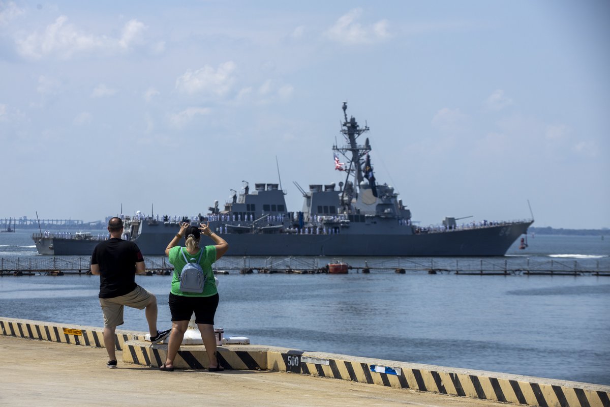 CavasShips's tweet photo. Destroyer USS #BULKELEY DDG84 said farewell to Norfolk 4 Aug as she left to shift homeport to Rota, Spain and join Forward Deployed Naval Forces-Europe https://t.co/TYCT38I5mk