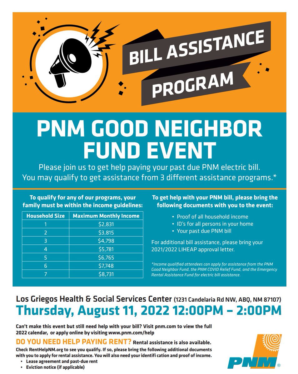 usbc123's tweet photo. π£ Get Help Paying Your Past Due PNM Bill π£
You may qualify to get assistance from 3 different programs, come to this in-person event to learn more πππ
Thurs 8/11, 12PM β 2PM
Los Griegos Health Ctr
1231 Candelaria NW
#ABQ
#dukecity #burque #albuquerque #abqtrue #nmtrue https://t.co/BamT3uqXTK