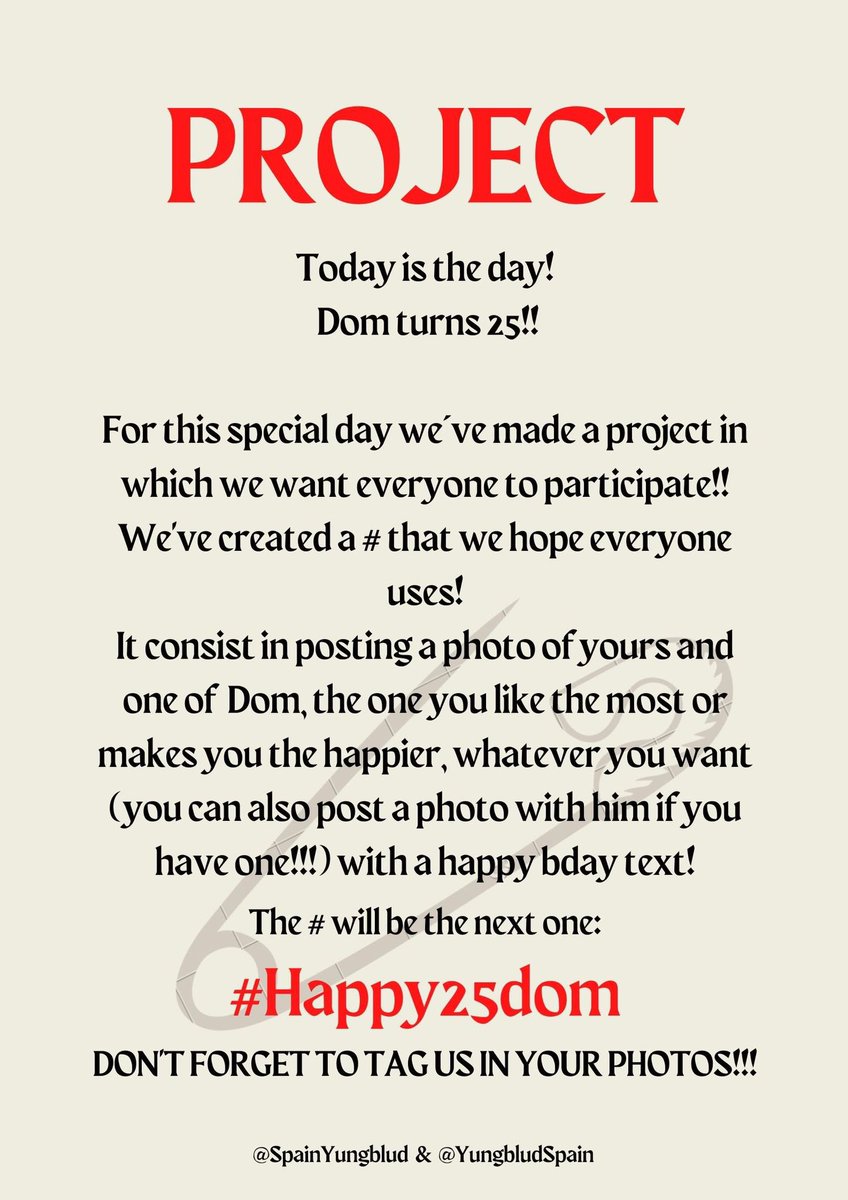 YungbludSpain's tweet photo. ‼️El BHC de España se une‼️
Hemos trabajado en este proyecto por el 25 cumpleaños de Dom con #Happy25Dom 
¡Disfrutad y no olvidéis mencionarnos!

——

‼️The Spanish BHC joins‼️
We worked together to bring you this project for Dom’s 25th bday with #Happy25Dom
Enjoy it and tag us!! https://t.co/qujyT90WCr