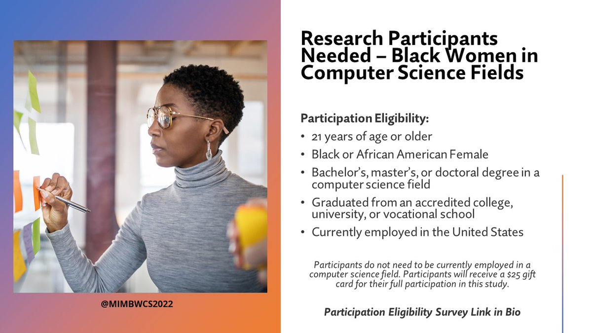 mimbwcs2022's tweet photo. Research Participants Needed! Participant eligibility survey link in bio. Please reach out if interested.
#computerscience #computing #blackwomenintech #blackwomeninSTEM #wocinComputing #wocinSTEM #wocinTech #BlackTechTwitter #DiversifySTEM #STEMresearch #MIMBWCS2022 https://t.co/HRFk15RkAl