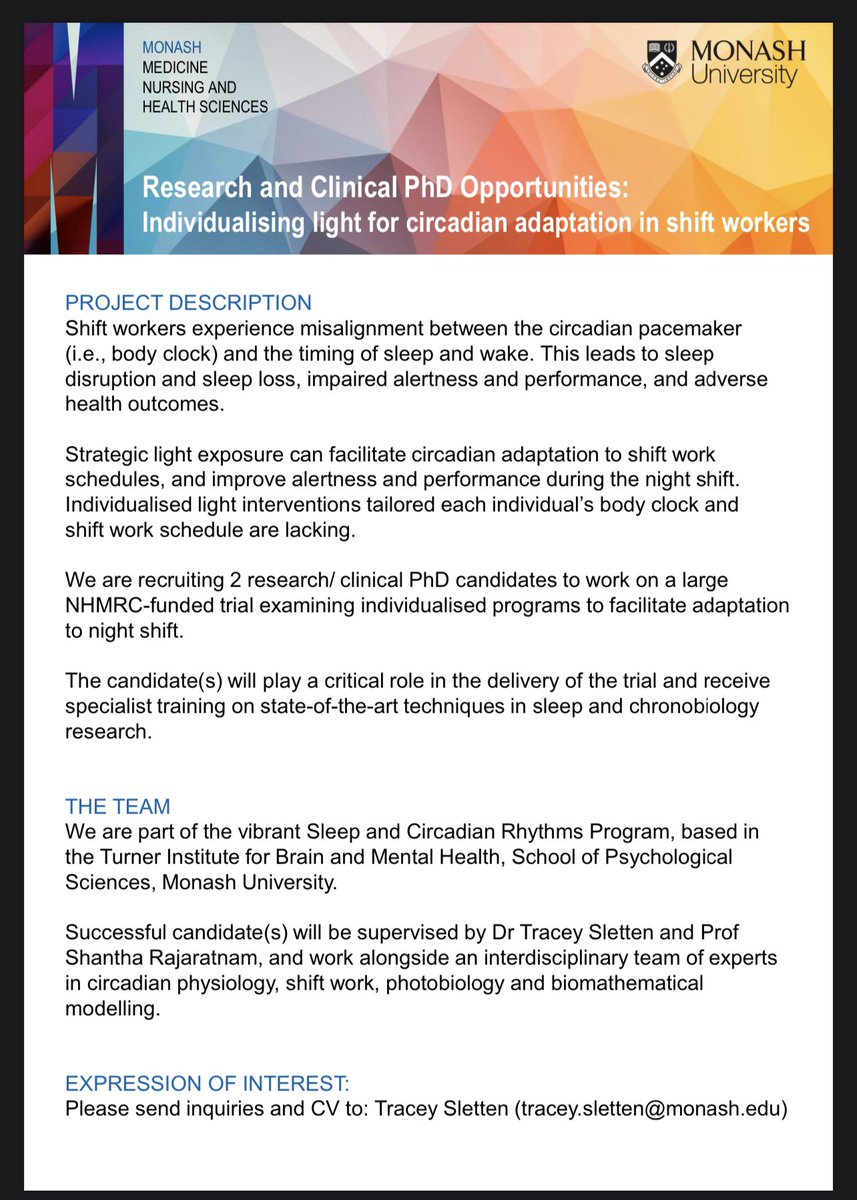 Prerna Varma, PhD (@pvarma_sleep) on Twitter photo Please share!
An opportunity to do a Research or Clinical PhD at <a href="/MonashSleepLab/">MonashSleepLab</a>. Be mentored by an amazing team of supervisors, including Dr <a href="/tracey_sletten/">Tracey Sletten</a> and Prof Shantha Rajaratnam and work with an interdisciplinary team of experts! Details 👇 Please share!
An opportunity to do a Research or Clinical PhD at <a href="/MonashSleepLab/">MonashSleepLab</a>. Be mentored by an amazing team of supervisors, including Dr <a href="/tracey_sletten/">Tracey Sletten</a> and Prof Shantha Rajaratnam and work with an interdisciplinary team of experts! Details 👇