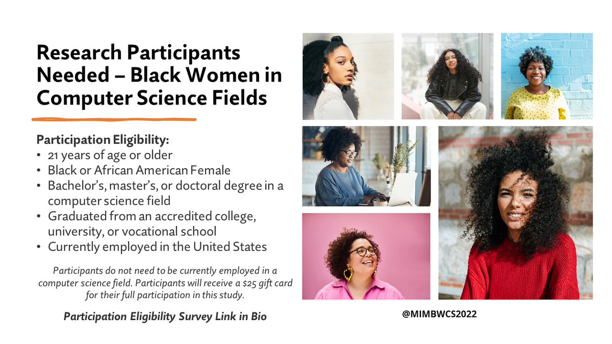 mimbwcs2022's tweet photo. Research Participants Needed! Participant eligibility survey link in bio. Please reach out if interested.
#computerscience #computing #blackwomenintech #blackwomeninSTEM #wocinComputing #wocinSTEM #wocinTech #BlackTechTwitter #DiversifySTEM #STEMresearch #MIMBWCS2022 https://t.co/MRIswNGg8F