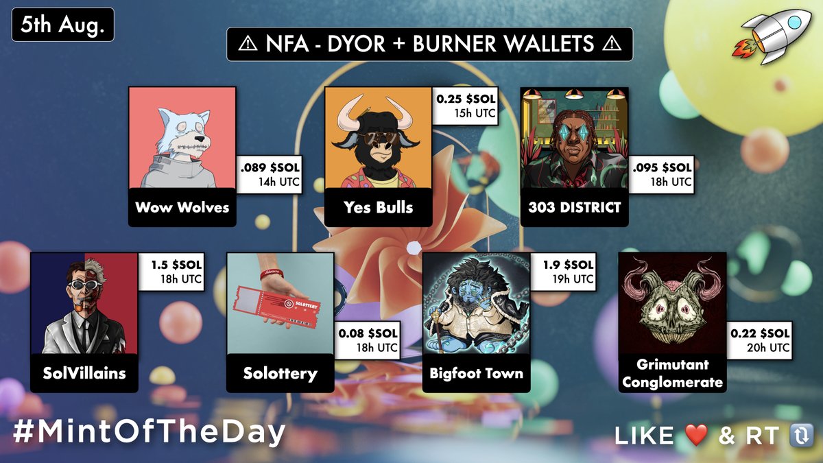MintOfTheDay's tweet photo. 🔥 Tomorrow's Trending #SolanaNFTs 🔥

14UTC・@WowWolvesNFT・0.089 $SOL
15UTC・@YesBullsNFT・0.25 $SOL
18UTC・@303DISTRICT・0.095 $SOL
18UTC・@solvillains・1.5 $SOL
18UTC・@nft_solottery・0.08 $SOL
19UTC・@BigfootTownNFT・1.9 $SOL
20UTC・@grimutant・0.22 $SOL

#MintOfTheDay 🚀 https://t.co/4QKqEPhJij