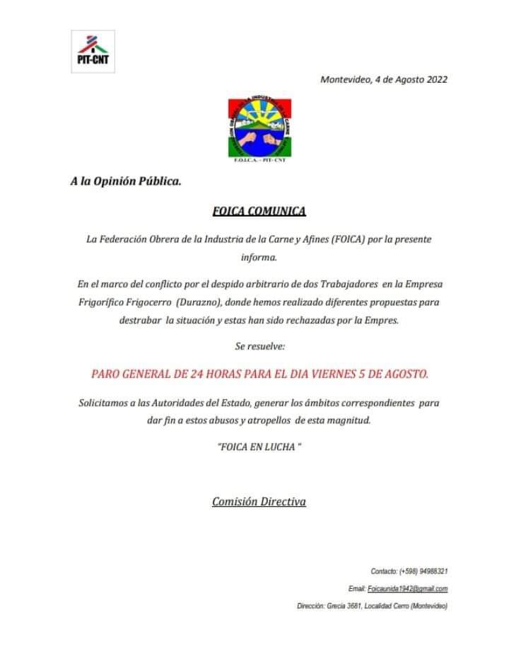 alternativadura's tweet photo. #Durazno Sigue el conflicto en pFrigorífico Durazno. Ante la falta de respuestas la @foica1942 realizará mañana otro paro en reclamo por el despido de trabajadores en esta planta de faena. Solicitan ámbitos de diálogo para alcanzar un acuerdo. https://t.co/wQ5jxp1f7z