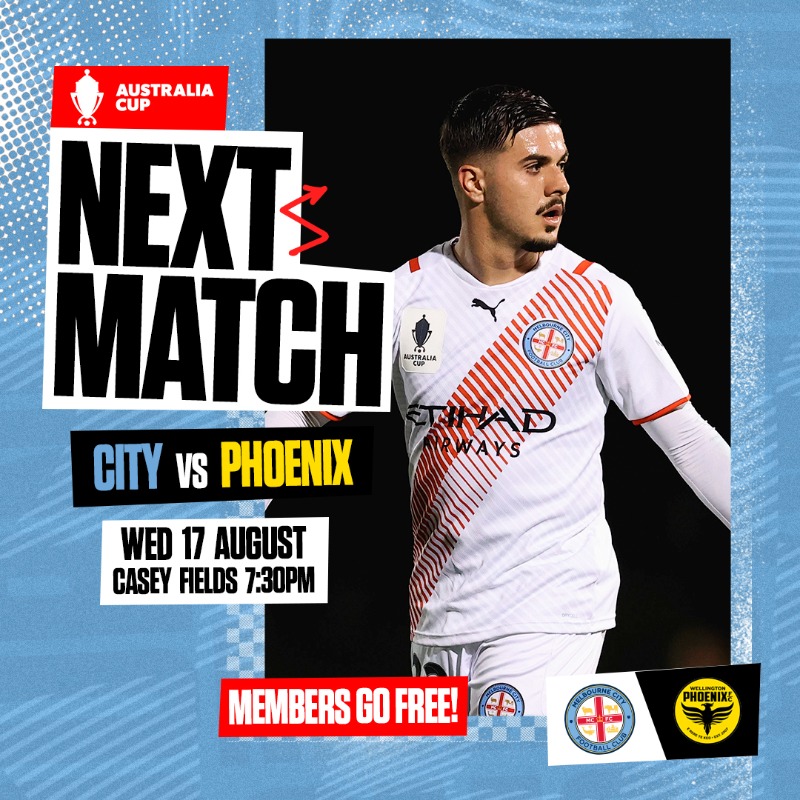 MelbourneCity's tweet photo. For the first time ever, we’ll host a competitive fixture at Casey Fields 🙌 

Our @AustraliaCup Round of 16 clash against Wellington has been confirmed for Wednesday 17 August and all City Members will go free!