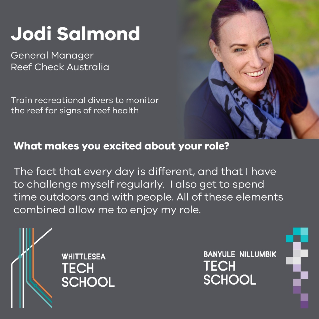 Celebrating Careers in STEM! Every journey is different, no pathway is the same. ⁠
⁠
Post 2 of 3 - Introducing Jodi Salmond, General Manager/ Marine Scientist at Reef Check Australia⁠

#Techschools #STEMcareers #STEMEducation #whittleseatechschool #BNTS
