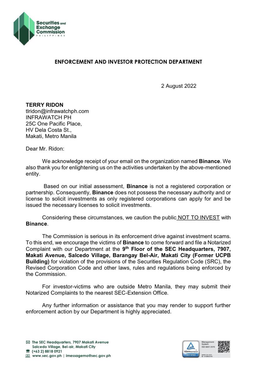 READ: In a letter to Infrawatch PH, the Securities and Exchange Commission  cautioned the public not to invest in cryptocurrency platform Binance as it  is not registered in the Philippines.