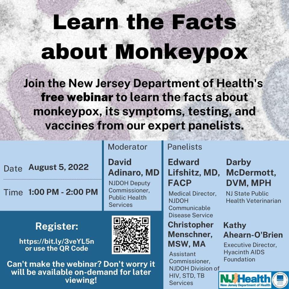 erescnj's tweet photo. Join Rutgers School of Public Health and/or the NJ Department of Health today (8/5) at 11:00am or 1:00pm for a featured virtual conversation  regarding Monkeypox! https://t.co/CQ0NKcC36Y