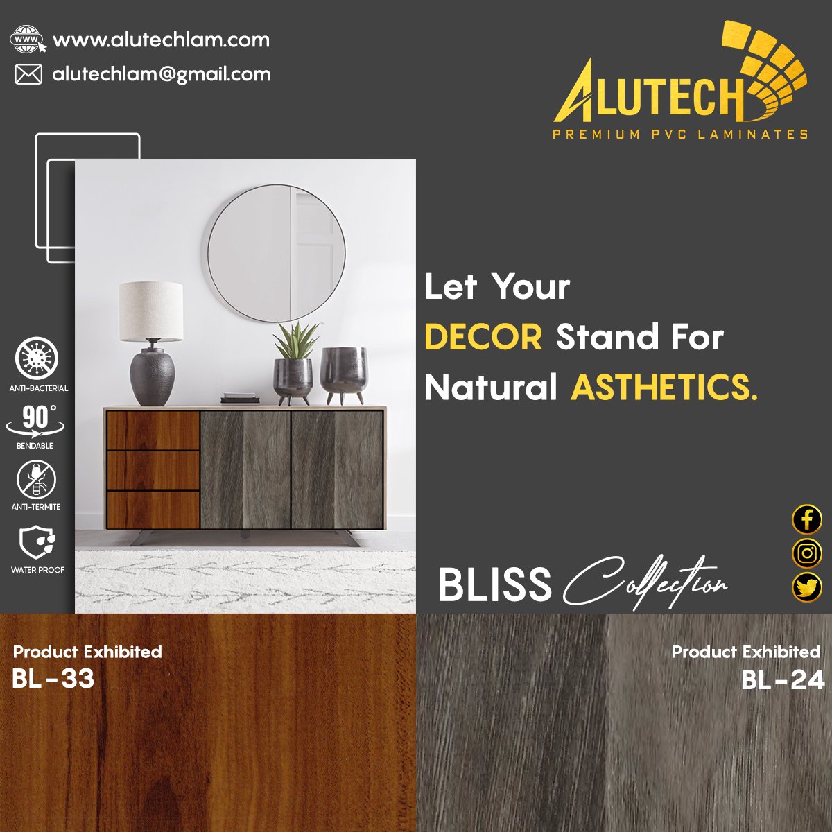 "Let Your DECOR Stand For Natural ASTHETICS"
*
**
***
FOR MORE INFO VISIT US AT : alutechlam.com OR DROP YOUR QUERY AT: alutechlam@gmail.com 
#alutech #alutechpvc #alutechpvclaminates #laminates #home #homedecor #dream #dreamhouse #homebeauty #like #kitchen #kitchendecor