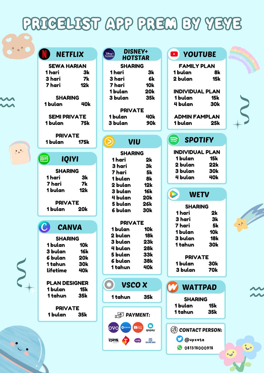 upzates's tweet image. halo aku jual aplikasi premium murah legal aman! ada youtube spotify netflix disney hotstar viu wetv iqiyi vidio am pro get contact hbo go vidio sharing private, kalo mau tanya dulu boleh dm langsung ajaa! 🥰

#zonauang #zonaba #zonajajan