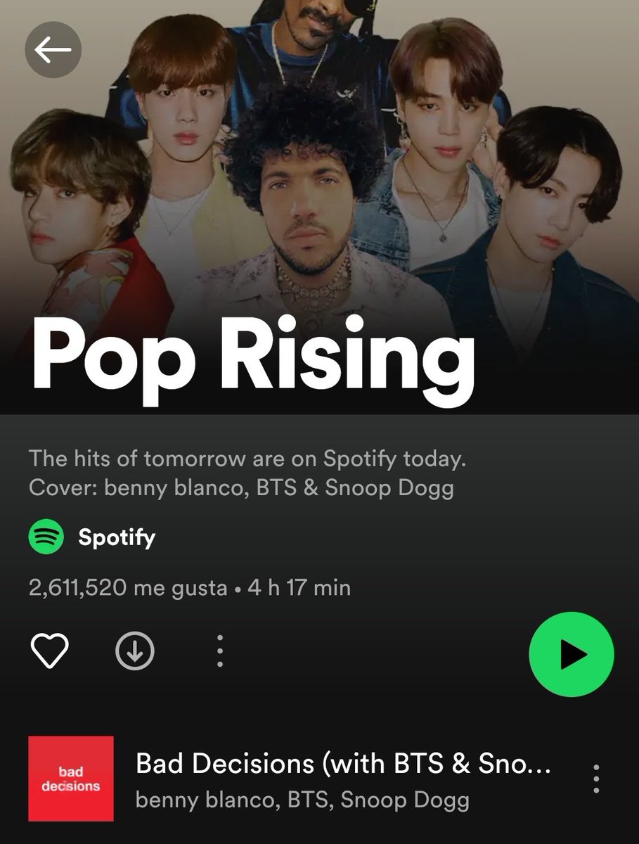 📊 | <a href="/BTS_twt/">방탄소년단</a>

'Bad Decisions' debuta en la posición #1 de la playlist Pop Rising de Spotify ✨

🔗 open.spotify.com/playlist/37i9d…

#BadDecisionswithBTS
#BadDecisions

© charts_k | JKSSI🥕
#BTS #Jungkook #방탄소년단 #정국