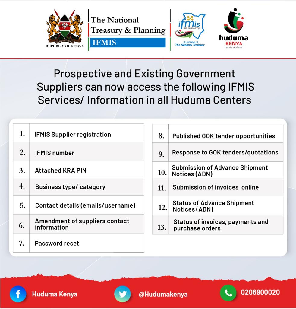 HudumaKenya's tweet photo. Good Morning 🌞  

We have listened to our customers, now all prospective &amp; existing Government Suppliers can access IFMIS Services/Information in all Huduma Centers 🙏  @IFMISKENYA #IFMISatHuduma ^D.K https://t.co/uUnPMGqnYM