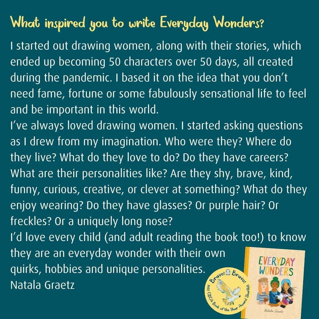 CBCANSW's tweet photo. BRAVO!!! to Natala Graetz whose book Everyday Wonders (published by Everyday Wonders) has been shortlisted for 2022 CBCA Award for New Illustrator. 🤩🎉📚 
@natalagraetzdesign 
#CBCA #cbca2022 #cbcabookawards #cbcabookawards2022 #cbcashortlist2022 #cbcashortlist #bookawards https://t.co/0cOWok7IuK