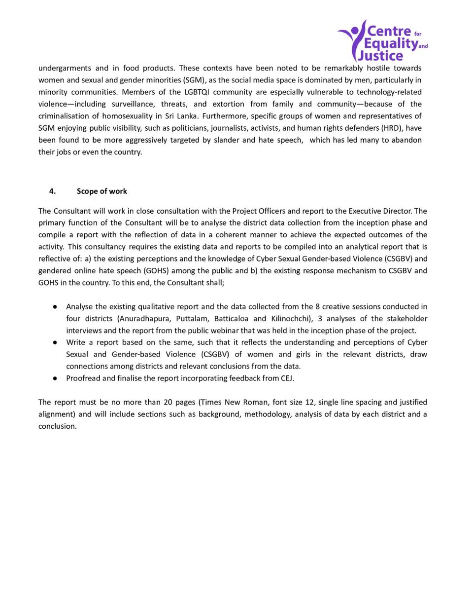CEJ_SriLanka's tweet photo. We're looking for a #Research Analyst to analyse data on cyber sexual gender-based violence and gendered online hate speech.

Apply by the 12th of August!
Details and application instructions are attached

#SriLanka #lka #Consulting #Jobs #jobsearch #HIRINGNOW https://t.co/15A6ml4uJ3