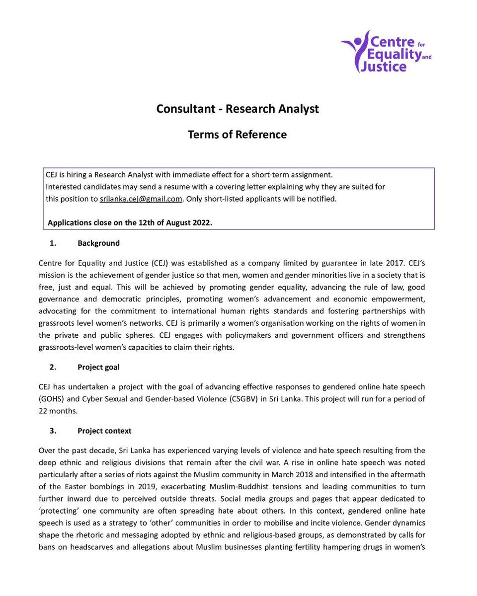 CEJ_SriLanka's tweet photo. We're looking for a #Research Analyst to analyse data on cyber sexual gender-based violence and gendered online hate speech.

Apply by the 12th of August!
Details and application instructions are attached

#SriLanka #lka #Consulting #Jobs #jobsearch #HIRINGNOW https://t.co/15A6ml4uJ3
