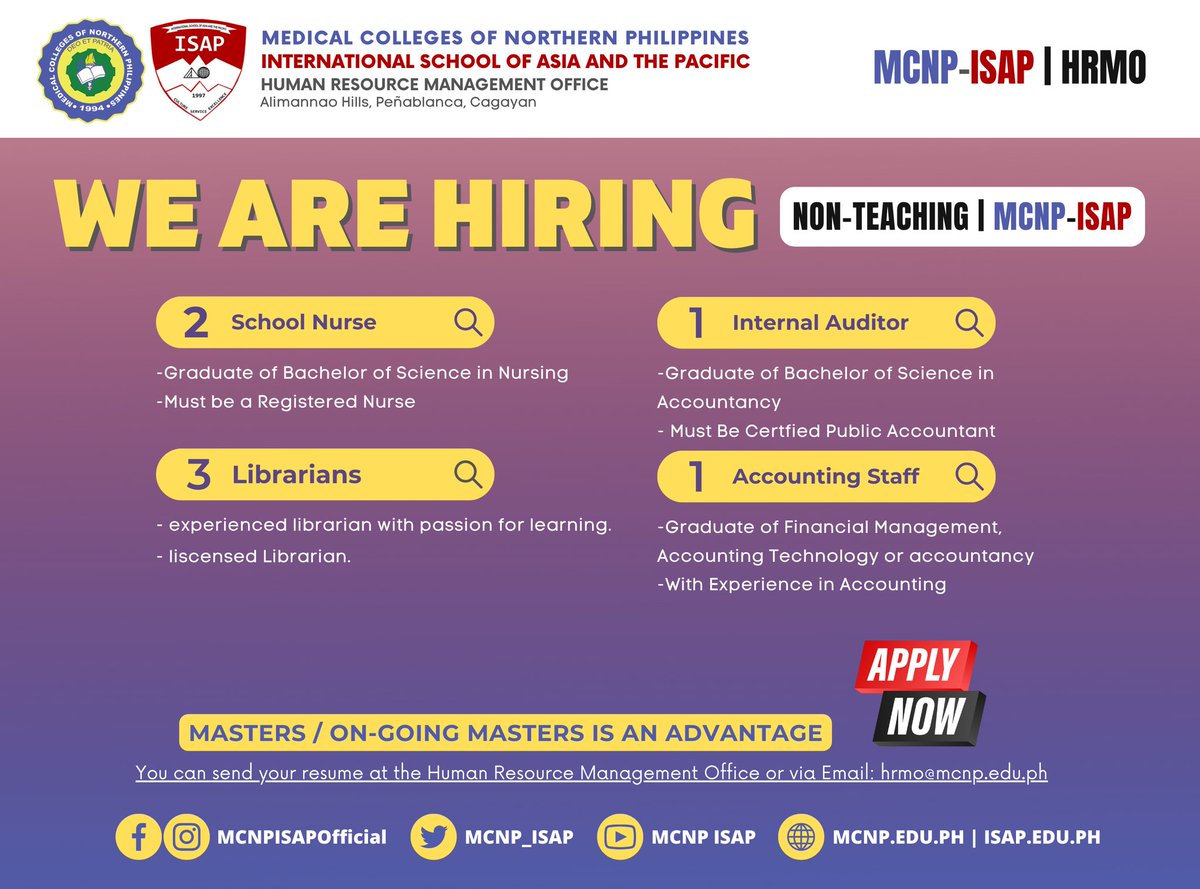 MCNP_ISAP's tweet photo. #CareerOpportunities | WE ARE HIRING!! 🦅🦅🦅
Be part of the growing family of Medical Colleges of Northern Philippines and International School of Asia and the Pacific!
You may send your resume to the Human Resource Management Office or email us at hrmo@mcnp.edu.ph.
 
#MCNPISAP https://t.co/gmwi032JiQ
