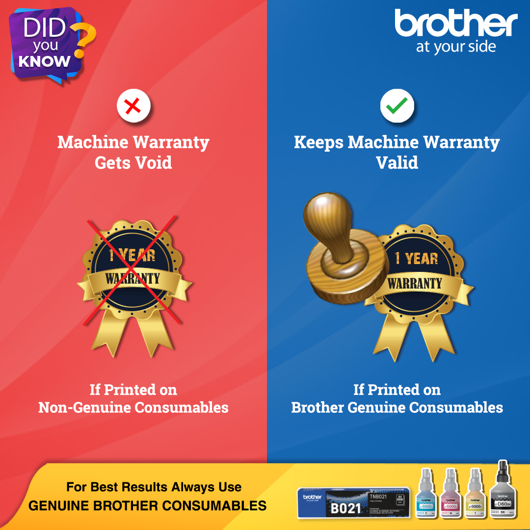 brotherindia's tweet photo. Keep your #BrotherMachine #Warranty valid by using #GenuineBrotherConsumables
If it is printed on our original consumables, the service life and warranty of your machine will be optimal
#BrotherIndia #BrotherAtYourSide https://t.co/fwB9Ocwk9U
