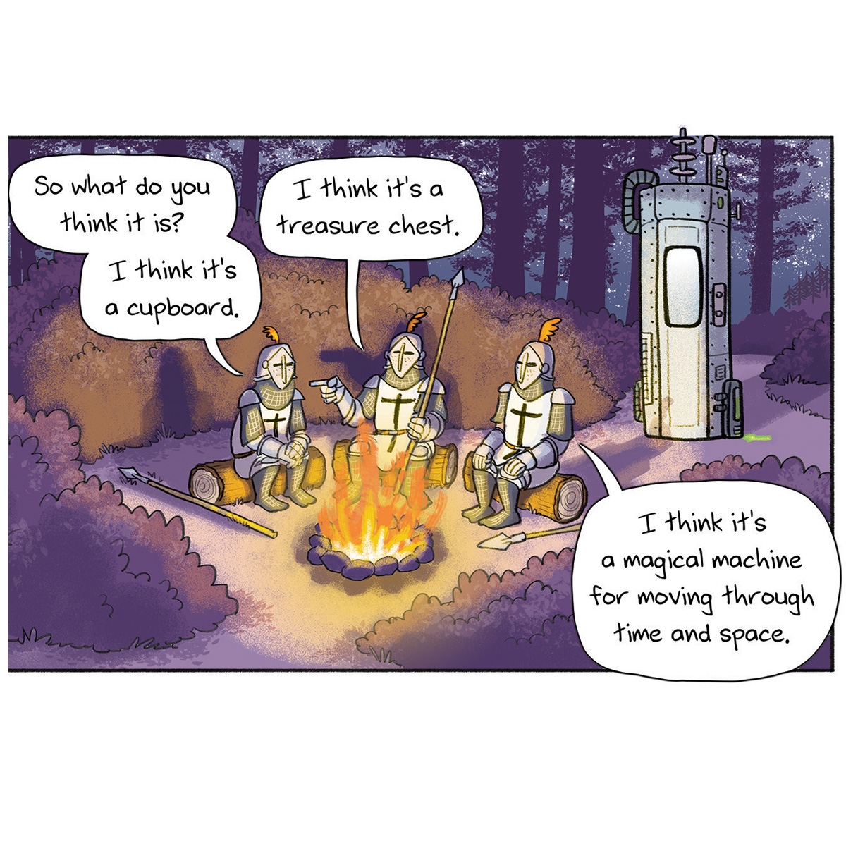 Jamesfoleybooks's tweet photo. Here's another snippet from SALLYMANDER, the comic I've got in this year's @TheSchoolMag. ⁠
⁠
Three knights discuss the purpose of the strange steel box in the forest.
⁠
@fremantlepress #STinkerInc #Sallymander #SallyTinker https://t.co/7uucMTf92Z