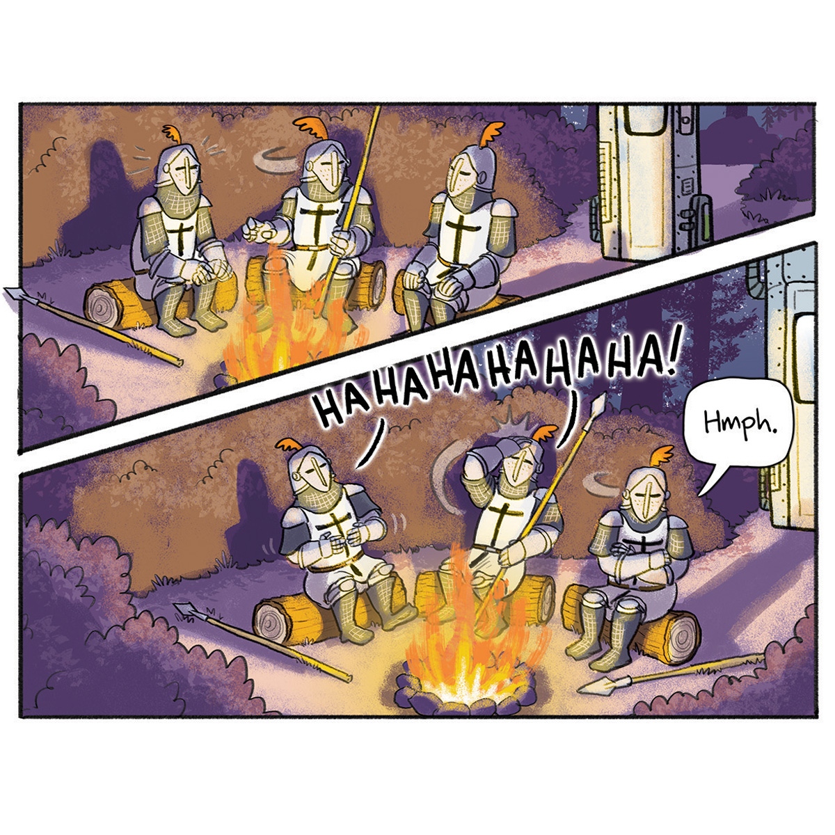 Jamesfoleybooks's tweet photo. Here's another snippet from SALLYMANDER, the comic I've got in this year's @TheSchoolMag. ⁠
⁠
Three knights discuss the purpose of the strange steel box in the forest.
⁠
@fremantlepress #STinkerInc #Sallymander #SallyTinker https://t.co/7uucMTf92Z