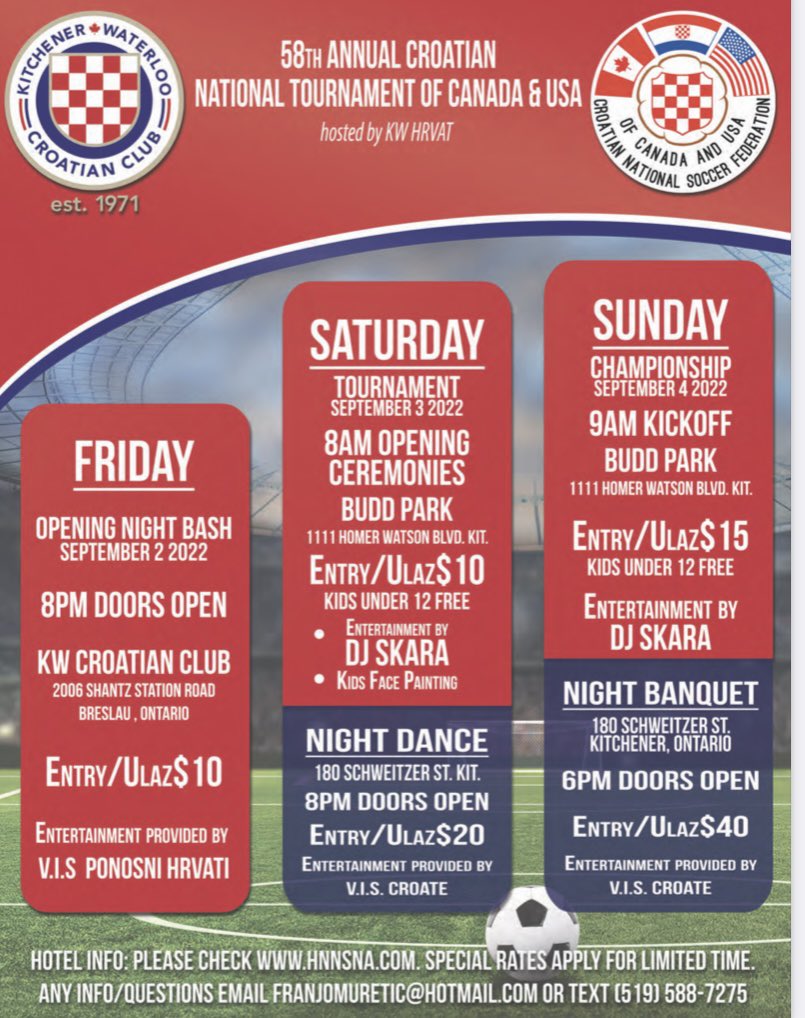 Check out the details for HNNS 🇨🇦 Turnir 58 hosted by Hrvat Kitchener!  Guaranteed to be a great weekend! 🇭🇷⚽️