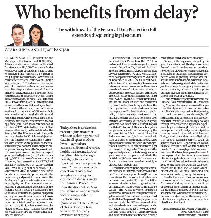 The move to withdraw the Data Protection Bill has left many in a dilemma - does bringing a new bill justify the harms to privacy, given the existing legal vacuum caused due to the delay? 

My op-ed with <a href="/apar1984/">Apar Gupta</a> in the <a href="/IndianExpress/">The Indian Express</a> covers this today👇
indianexpress.com/article/opinio…