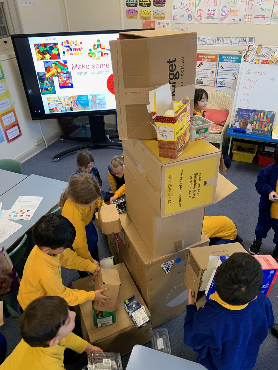 NthSydDem's tweet photo. Using boxes in different ways in KCC. Exploring length, size and shapes in Maths and making places in Geography with the help of one of our favourite books Clancy and Millie and the very fine house by L Gleeson &amp; F Blackwood.  #thedem #lovewhereyoulearn @NSWEducation #edweek22 https://t.co/FyrLCMOXMQ