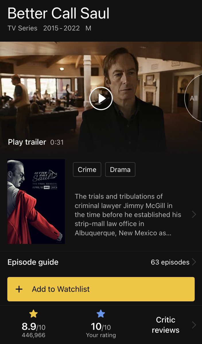 BCS IS AT AN 8.9 NOW ON IMDB! LET’S TRY AND GET IT TO A 9 BEFORE THE SHOW ENDS!!! 

#BetterCallSaul #bettercallsaulseason6