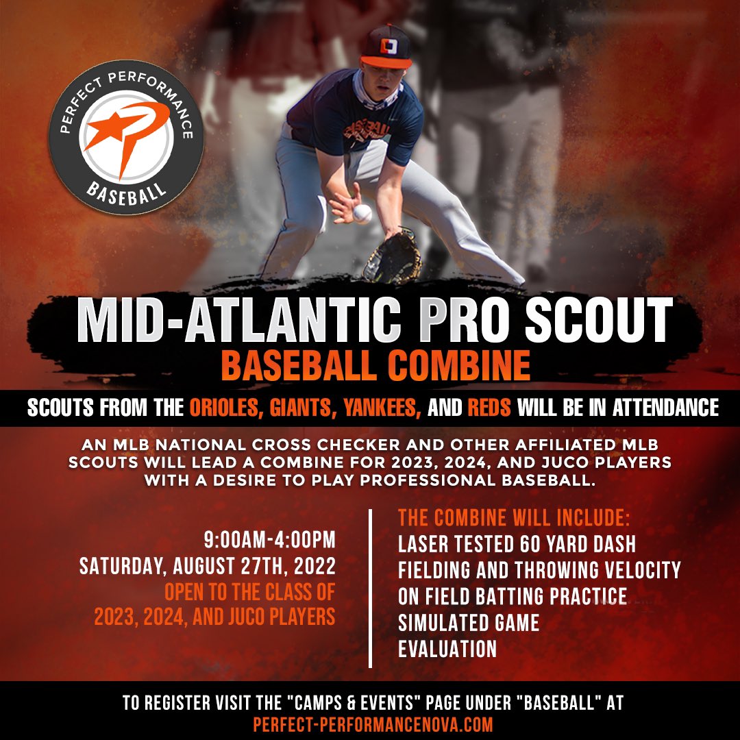 The Mid-Atlantic Pro Scout combine is a chance for 2023, 2024, and JUCO players to be evaluated by professional scouts here in the DMV. Scouts from the Orioles, Giants, Yankees, and Reds will be in attendance! 

Register at
perfect-performancenova.com/pp-baseball-ca…