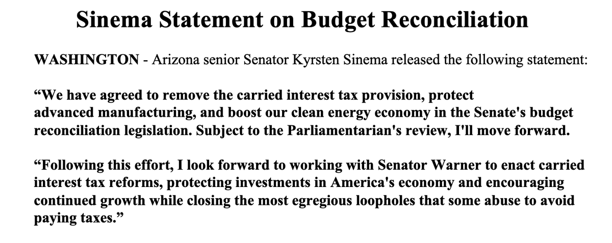 scottwongDC's tweet photo. BREAKING: SINEMA reaches deal with Democrats on climate, health care, tax package.

Carried interest tax provision is OUT; she'll work on carried interest reform later https://t.co/CEtR3cncWF