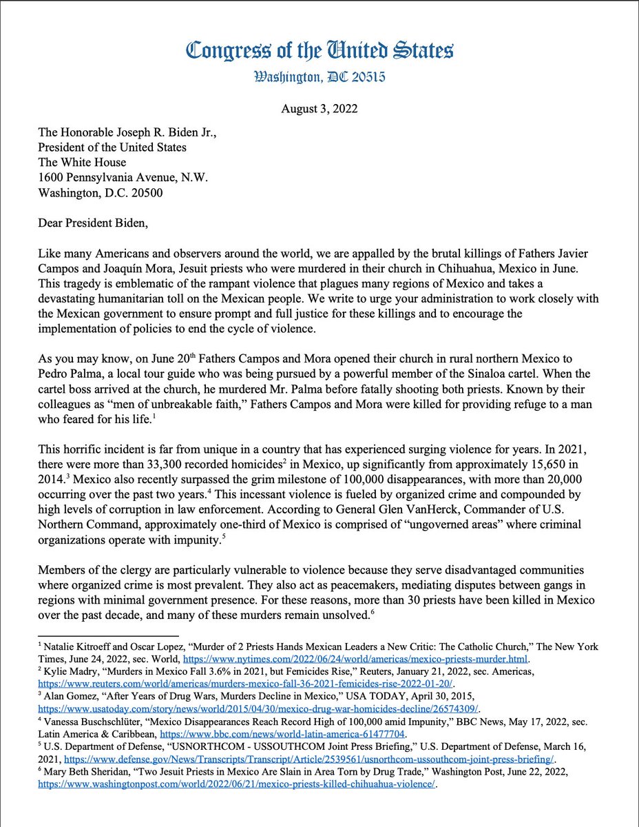 diazbriseno's tweet photo. 24 House Democrats to Biden👇

"We are appalled by the brutal killings of Fathers Javier Campos &amp; Joaquín Mora, Jesuit priests who were murdered in their church in Chihuahua, Mexico in June. This tragedy is emblematic of the rampant violence that plagues many regions of Mexico" https://t.co/kQDxG72hj3