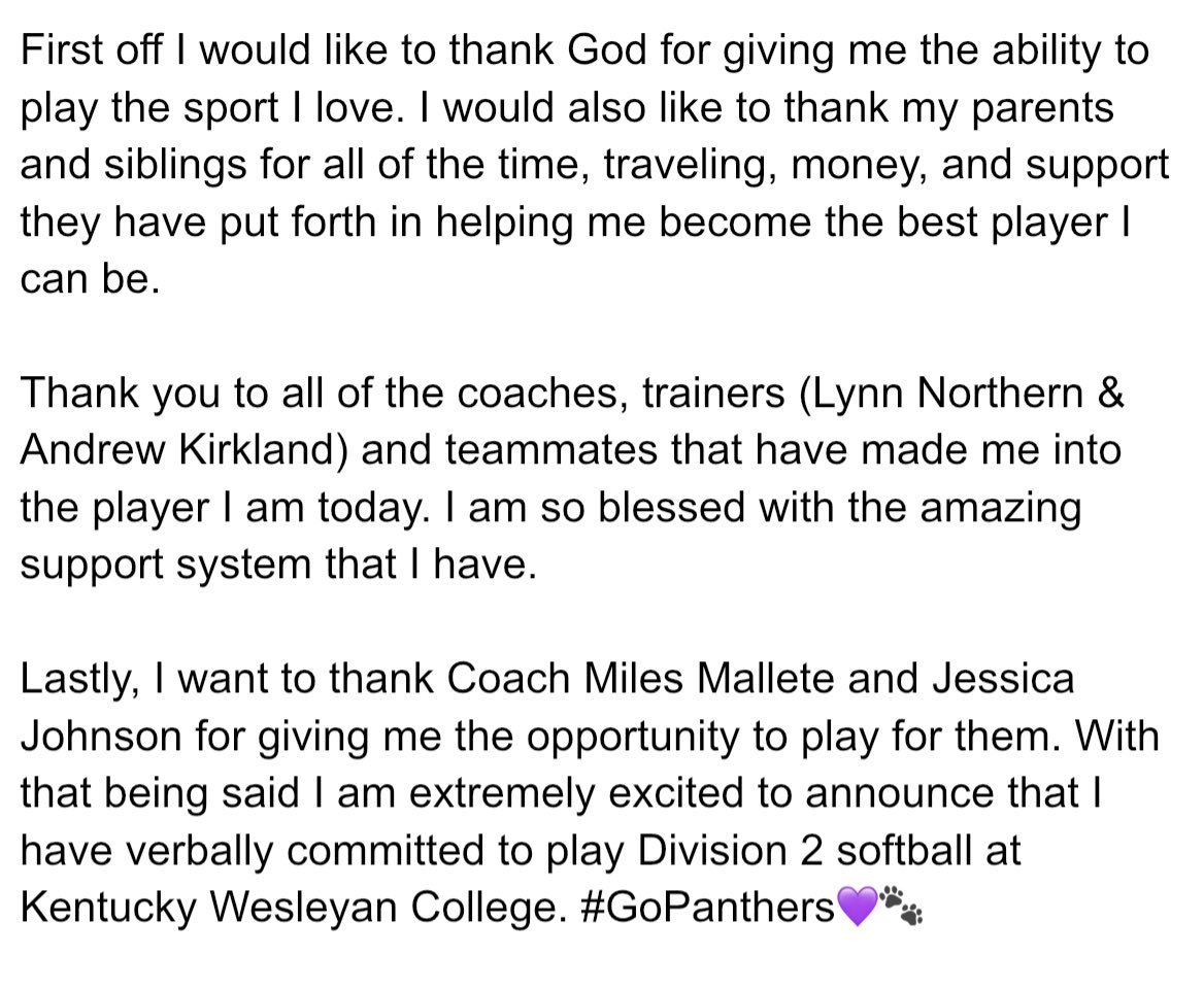 Beyond blessed for this opportunity <a href="/KWC_Softball/">KWC Softball</a>! #ForTheW  🐾 💜

<a href="/JJohnsonKWC/">Jessica Johnson</a> <a href="/kirkland_andrew/">Andrew Kirkland</a> @GJohnsonOT <a href="/OwensboroSports/">The Owensboro Times Sports</a> <a href="/Los_Stuff/">Carlos Arias</a> <a href="/Sluggers16CMAR/">Sluggers 18U Druckenmiller</a> <a href="/LadySluggersOrg/">Louisville Lady Sluggers</a> <a href="/tagupSoftball/">tagup</a> <a href="/DynastySP/">Dynasty Sports</a> <a href="/tagupSoftball/">tagup</a> <a href="/ExtraInningSB/">EXTRA INNING SOFTBALL</a> <a href="/PG_Softball/">Perfect Game Softball</a> <a href="/KWCPanthers/">KWC Panthers</a> <a href="/d1fastpitch1/">D1 Fastpitch</a>