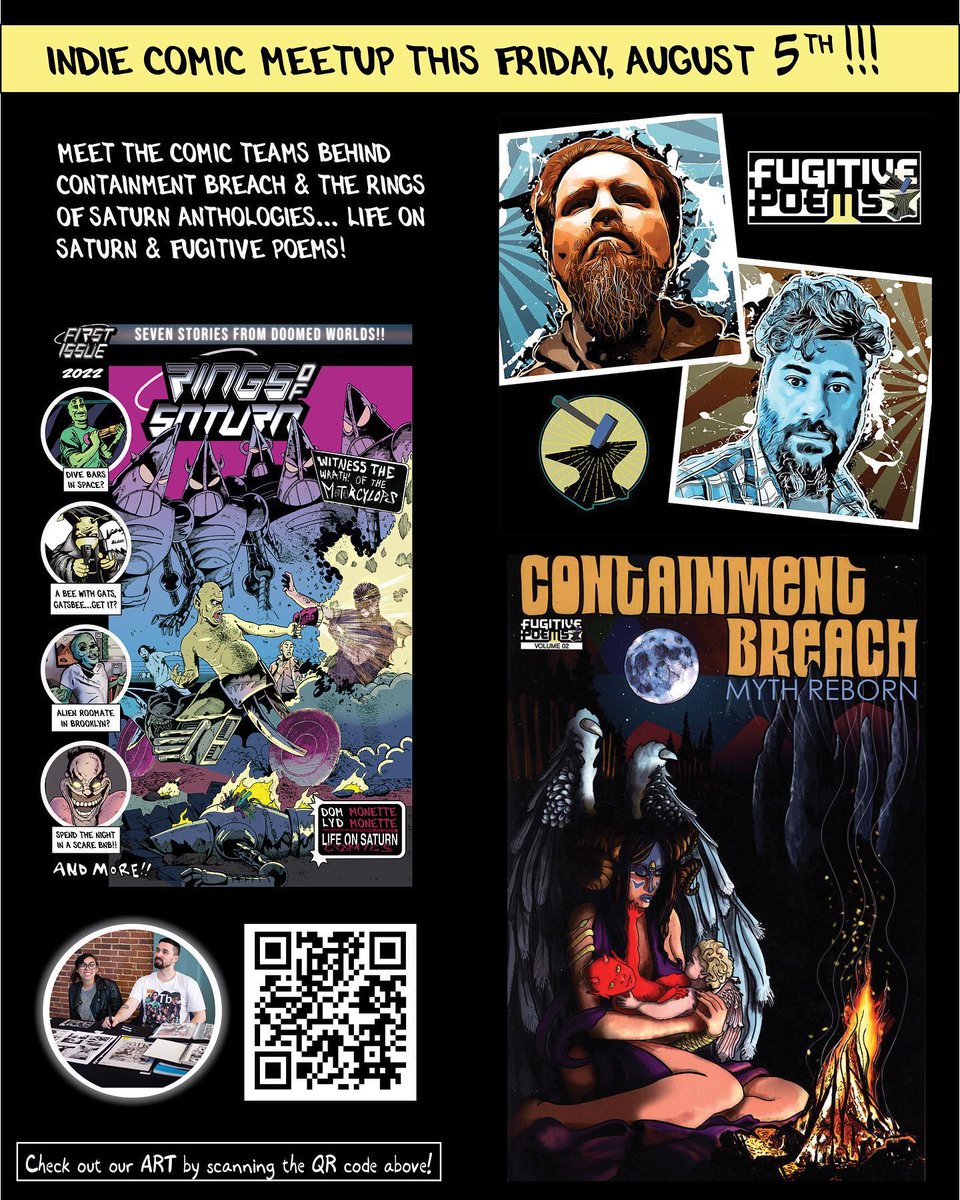 FugitivePoems's tweet photo. Who's at #TheSpidersWeb in @CityofYonkers tomorrow from 12-5 signing copies of amazing #indie #comics? None other than #FugitivePoems, @LifeOnSaturnBRS and @jmdesantis!
Come over, say hi, buy awesome signed books!
@PaulSpiders #ContainmentBreach https://t.co/M8EEdosrj8