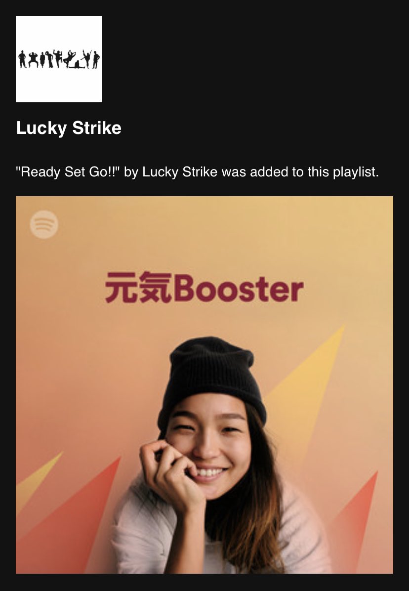 LuckyStr1ke2010's tweet photo. Ready Set Go!!
がSpotifyプレイリストに入りました〜！

知ってるプレイリストだとなお嬉しいですねぇ

ぜひバンバン聞いてくださいまし🤘

#LuckyStrike #Soundance #ラッキーリリース
#Spotify @SpotifyJP https://t.co/6WKHO1qtTH