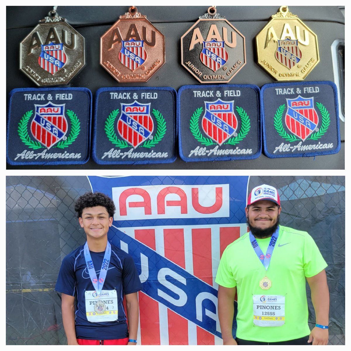 Junior Olympics was good to the Pinones brothers. Boys managed to add some bling to the collection and add some All American patches.I love that the Pinones brothers have such a passion for throwing,not to mention doing it together.🙏
#blessedyoucallmemom #Shotanddiscusmom 
#EC
