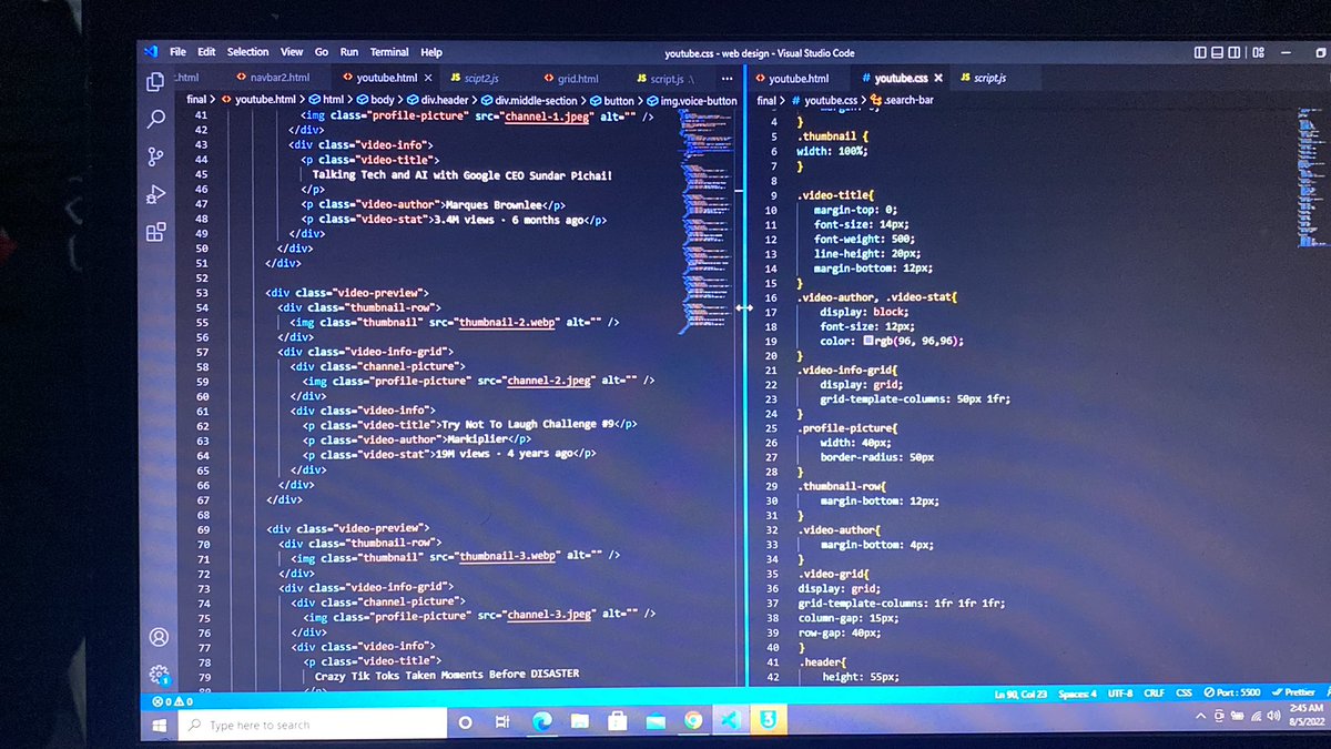 jnrsinem's tweet photo. Day 35/100
I worked on my YouTube clone project today, using Grid layout.
#100DaysOfCode #TechTwitter
#avascript #html #DEVCommunity
#FrontEndDeveloper
#100daysofcodechallenge
#avascript #CSS3 https://t.co/d99Du1IMbQ
