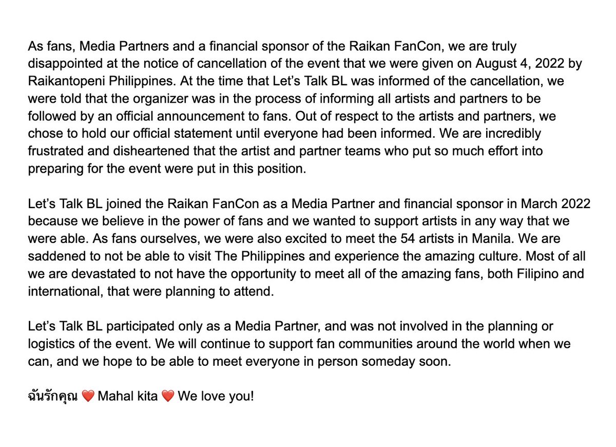 letstalkbl's tweet photo. Regarding the status of the Raikan FanCon: Let's Talk BL has been informed by @RaikantopeniPHL that the event will be formally cancelled. We are frustrated by the lack of transparency with fans. We hope that the organizers will release their own statement soon. https://t.co/EZlyLmhw04
