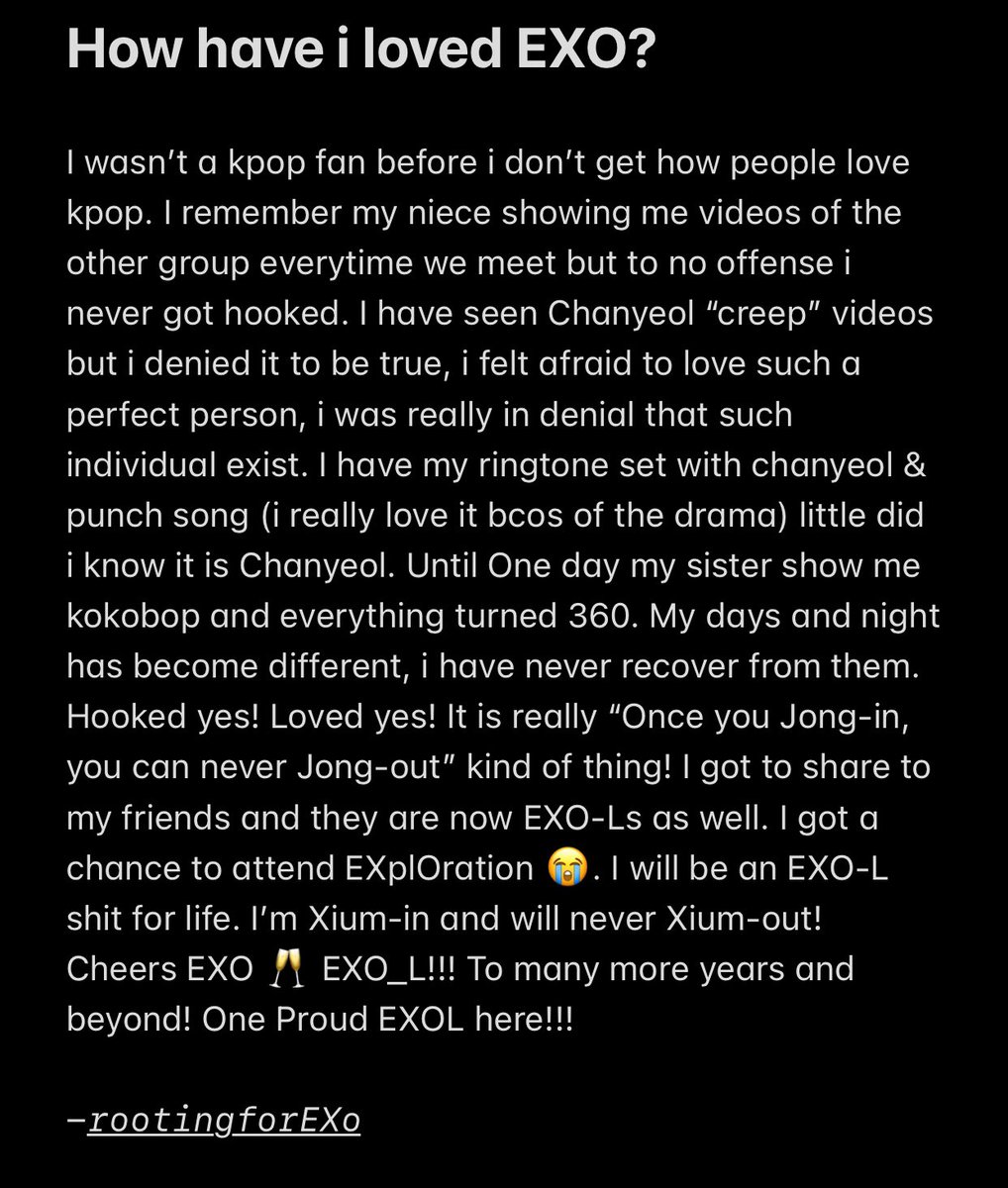 rootingforexo's tweet photo. My little entry for #HowHaveILovedEXO and how i’m proud in stanning a group that i can be forever proud.
L1485 FOR LIFE
#HappyEXOLDay
#EXOLoveTurns8
@weareoneEXO @EXOGlobal https://t.co/4uza8yJVRE