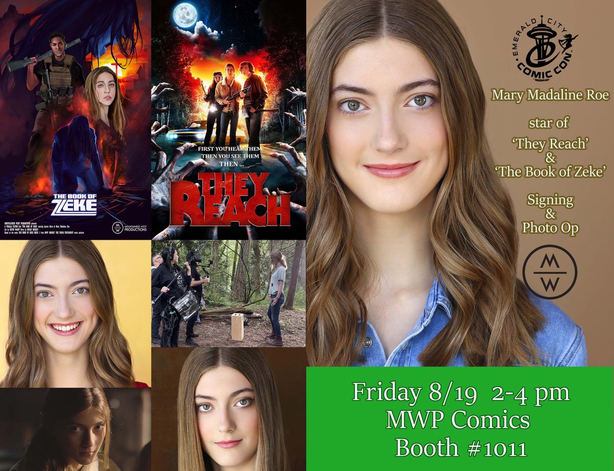 roe_dee's tweet photo. Actress #marymadalineroe will be at ⁦@emeraldcitycon⁩ for photo op &amp; signing Friday 8/19! ⁦@MWPBooks⁩ Booth for #thebookofzeke #ECCC #theyreach ⁦@TheyReachFilm⁩ https://t.co/pnjdhEdAaR