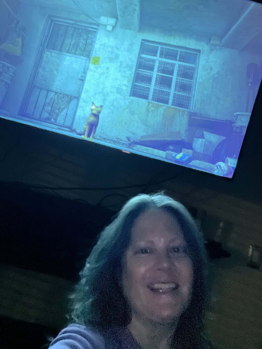 Game Night Selfie!  Playing a new game “Stray” on PlayStation.  #herekittykitty 🐈 ⁦<a href="/TWEHowl/">Tom Wilson Elementary</a>⁩ #twehowl #summerselfiebingo