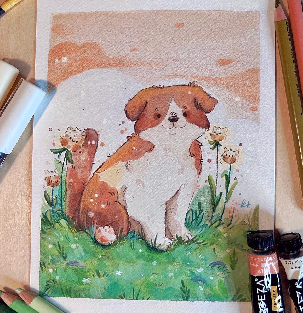 _katdew's tweet photo. Llevaba varios meses con un bloqueo para ilustrar cosas para mí y hace dos dias pude sentarme a dibujar y relajarme, ver mi escritorio lleno de materiales me hizo feliz jaja

Vieron los dientes de gatito?✨

#watecolor #watercolorpainting #illustration #illustrationartists https://t.co/2cA9FFcltb