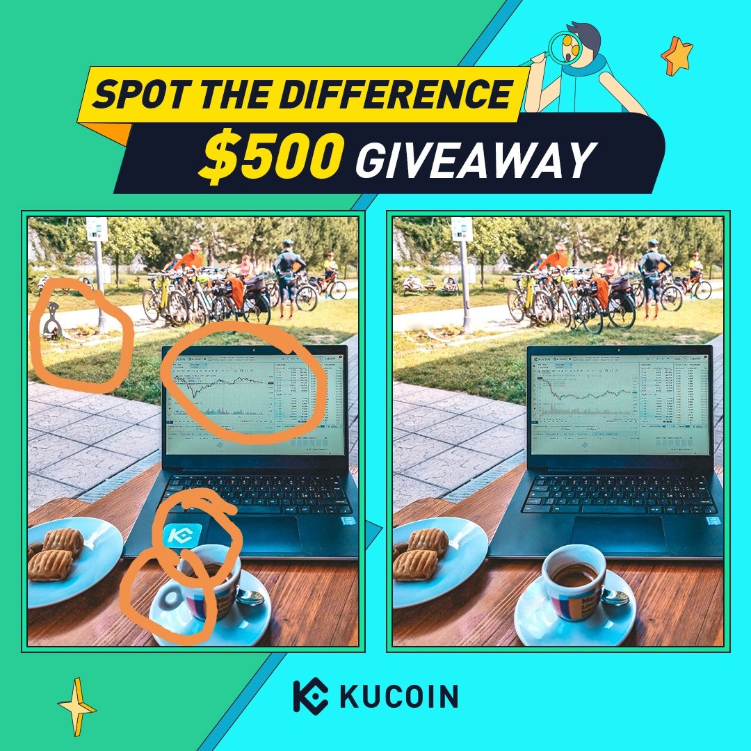 Kissyl21's tweet photo. @kucoincom Only 4 difference

1. Candle stick charts on the laptop
2. The cup on the other doesn't have a handle.
3. No kucoin logo on the laptop
4. No metal structure on left side.

@andrew_pinch @faresmancity @6avid_eth https://t.co/x0XaQJFRov