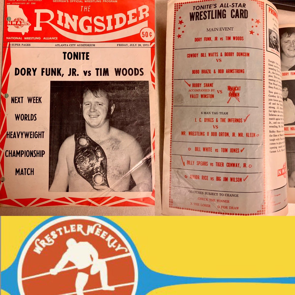 wrestlerweekly's tweet photo. WRESTLER WEEKLY PRESENTS Throwback Thursday #wwTBT celebrating vintage RASSLIN From the Past! Check out this Rare THE RINGSIDER Program & GAME USED CARD from Georgia Championship Wrestling featuring the Main Event of #DoryFunkJr vs #TimWoods on July 20, 1973! #NWA https://t.co/42xzDtKgNb