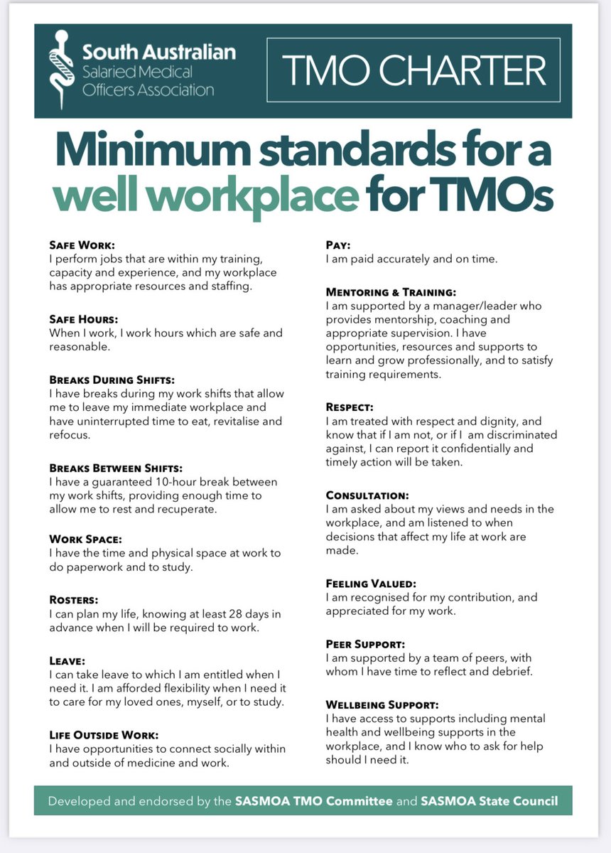 Great to see ⁦<a href="/sasmoa4doctors/">SASMOA</a>⁩ release the minimum standards for a well workplace for doctors in our hospitals.  It’s disappointing that our hospitals don’t meet these standards much of the time. ⁦<a href="/PictonChris/">Chris Picton MP</a>⁩