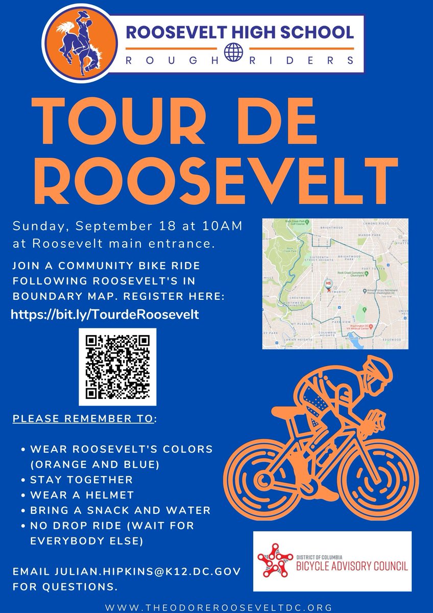 JulianHipkins's tweet photo. Join the 2nd annual Tour de Roosevelt community bike ride on Sunday, September 18th at 10am. Please register using the following link: https://t.co/gAuXEvCMQb #Harambee4Roosevelt #VisionZeroDC #bikedc https://t.co/Nw8wCQvFFD