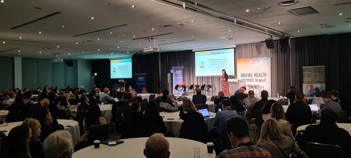 TheInstituteDH's tweet photo. Dr @HelenBevan presenting on the principles and actions for large scale #change, and Lorna Cook from @ChemoathomeOz on moving mainstream services to the home for consumer convenience. #DHIS2022 is off to a terrific start!

#Perth #PCEC #healthinformatics #digitalhealth https://t.co/HlvcNptjnk